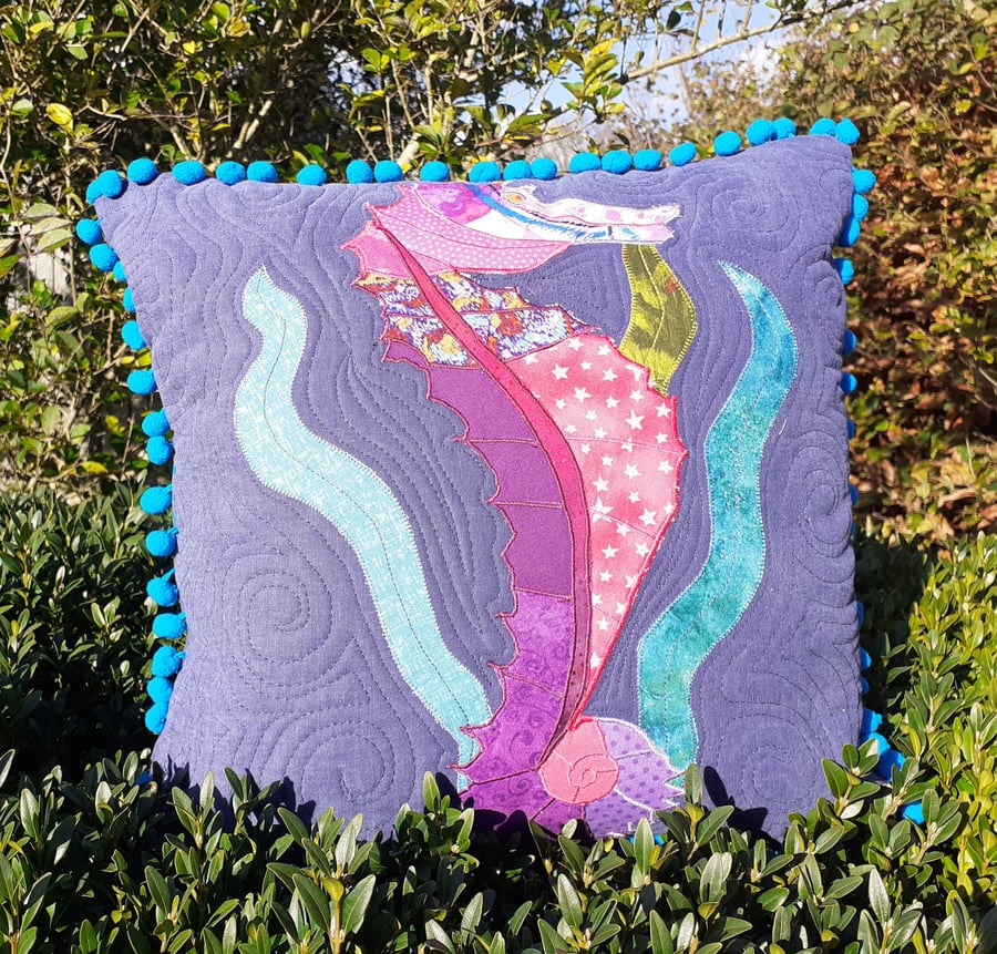 'Seahorse Splendor' An Appliqué, Quilted Cushion.