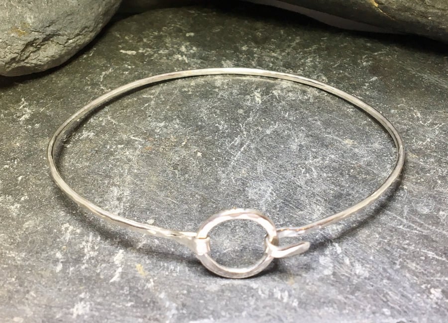 Hammered Circle Clasp Tension Sterling Silver Bangle
