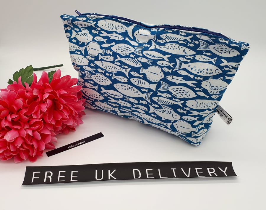 Storage bag,  case in blue and white fish cotton fabric. 