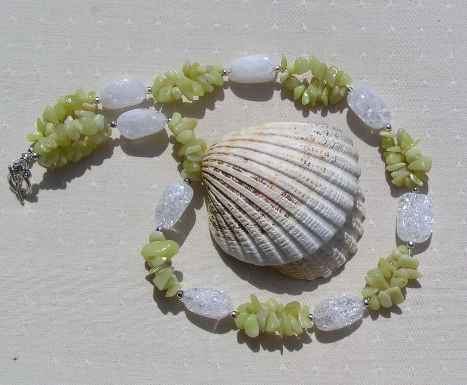 Lemon Jade & Crackled Quartz Crystal Gemstone Necklace "Lemon Spirit "