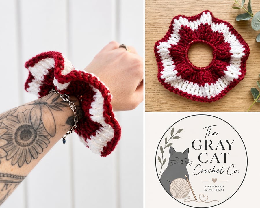 Red and White crochet scrunchie 