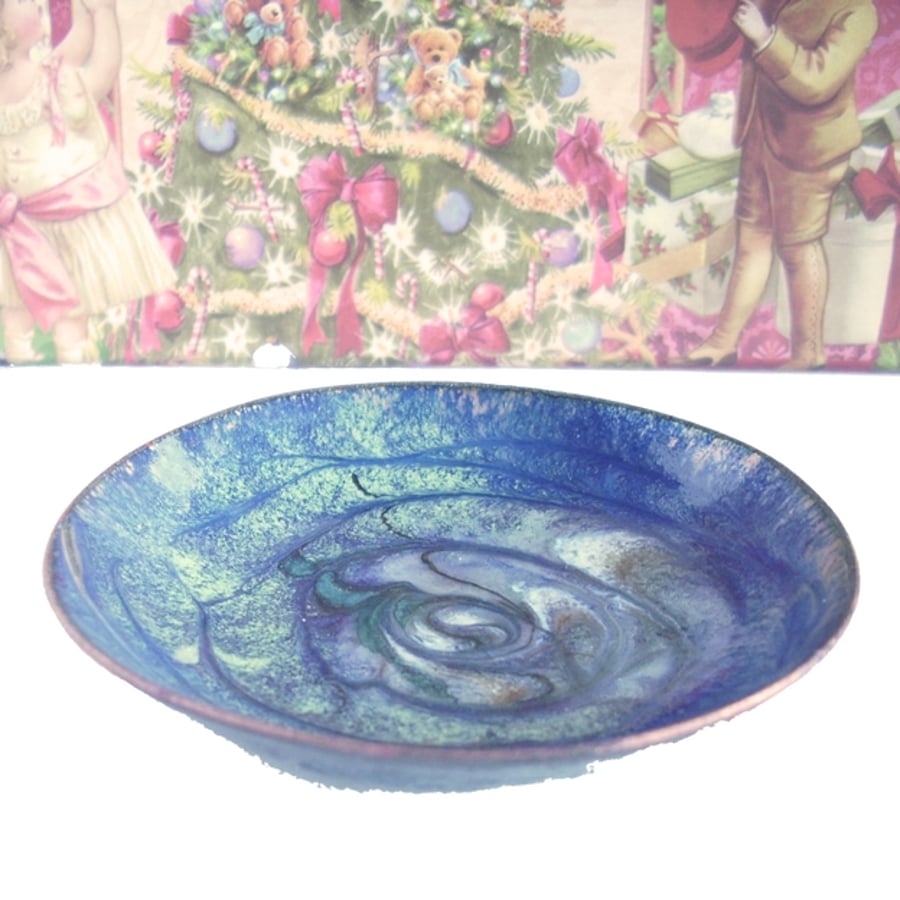 enamel dish - scrolled green, purple, white, brown over deep blue
