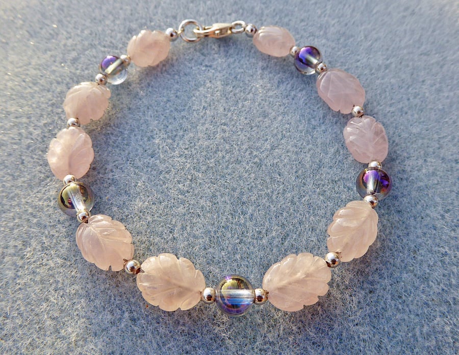 Rose Quartz Leaf Bracelet with Titanium Quartz and Sterling Silver