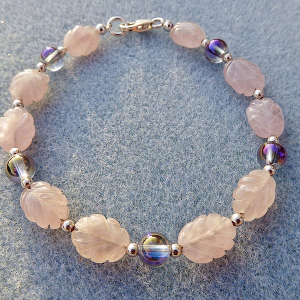Rose Quartz Leaf Bracelet with Titanium Quartz and Sterling Silver