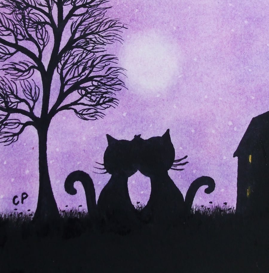 Cat Card, Purple Love Cats Card, Engagement, Black Cats Tree Moon Card, Wedding