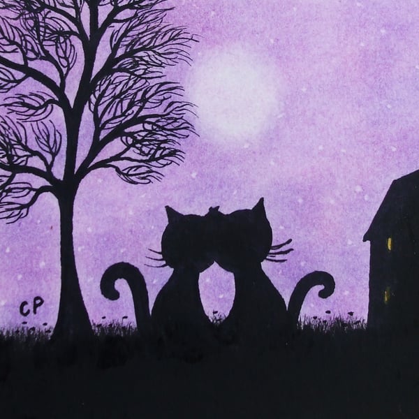 Cat Card, Purple Love Cats Card, Engagement, Black Cats Tree Moon Card, Wedding