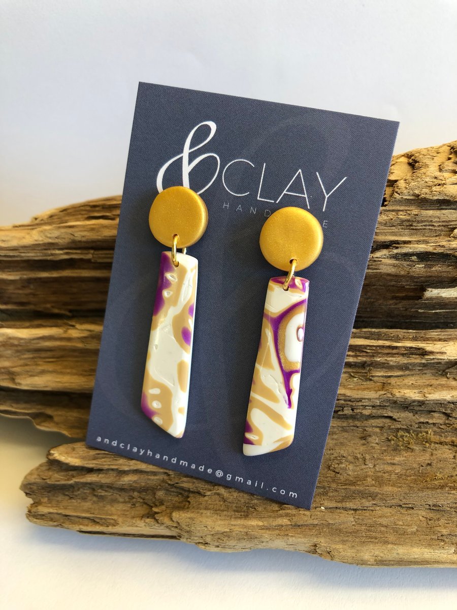 Purple, Gold and White Mokume Gane Polymer Clay Drop Earring