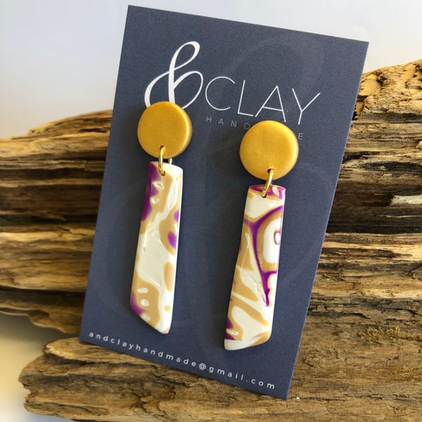 Purple, Gold and White Mokume Gane Polymer Clay Drop Earring