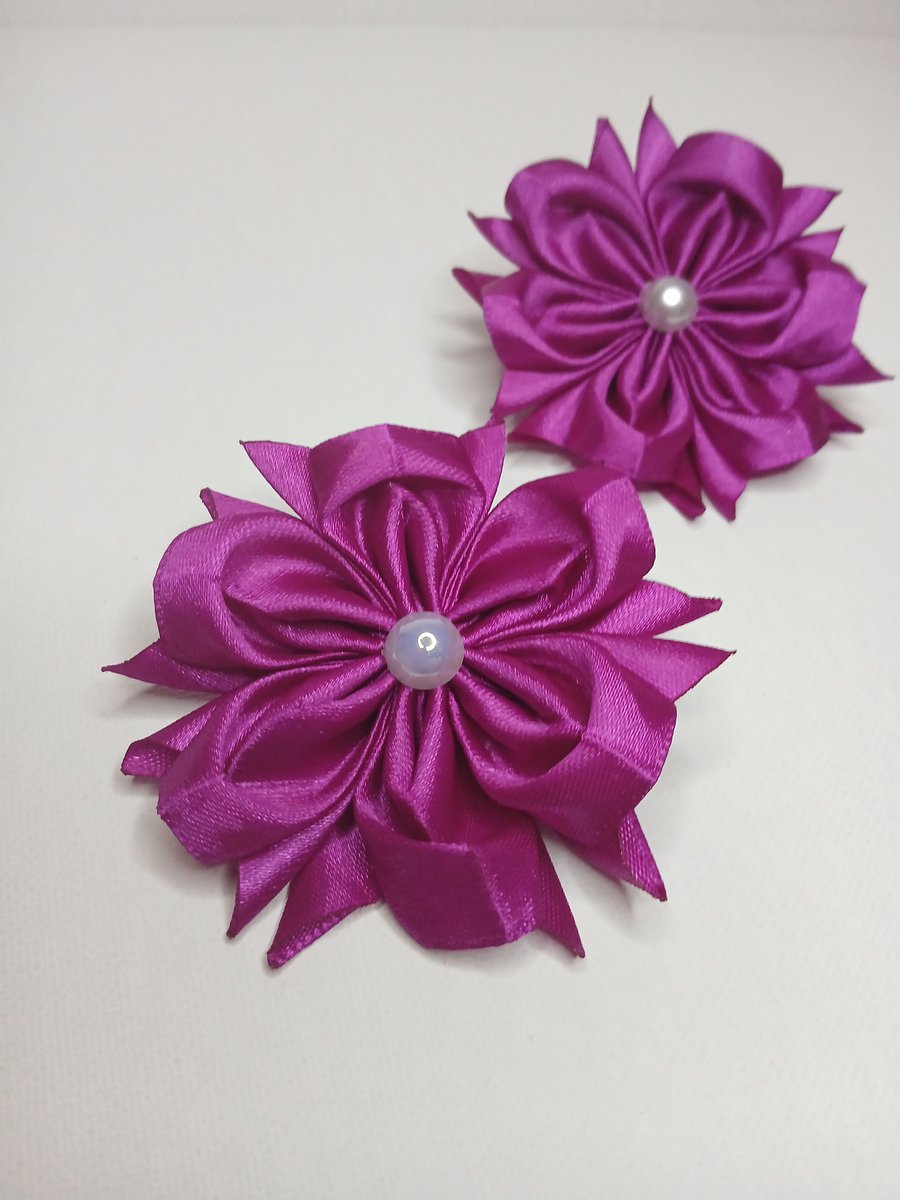 Set of Hair Ties with Satin Flowers — Handmade Accessory in Rich Fuchsia Colour