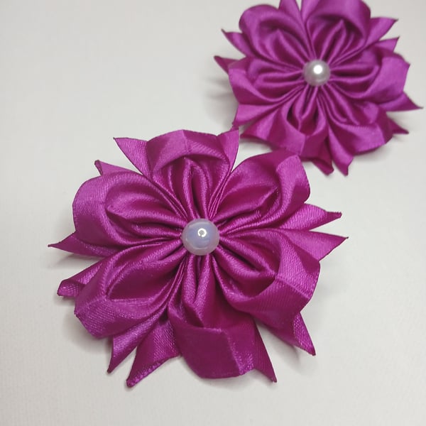 Set of Hair Ties with Satin Flowers — Handmade Accessory in Rich Fuchsia Colour