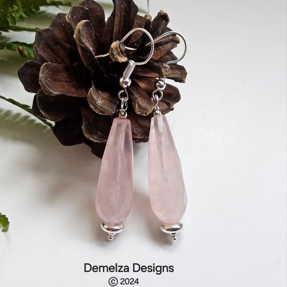 Designer Natural Faceted Rose Quartz AAA Grade Tear Drop Earrings 