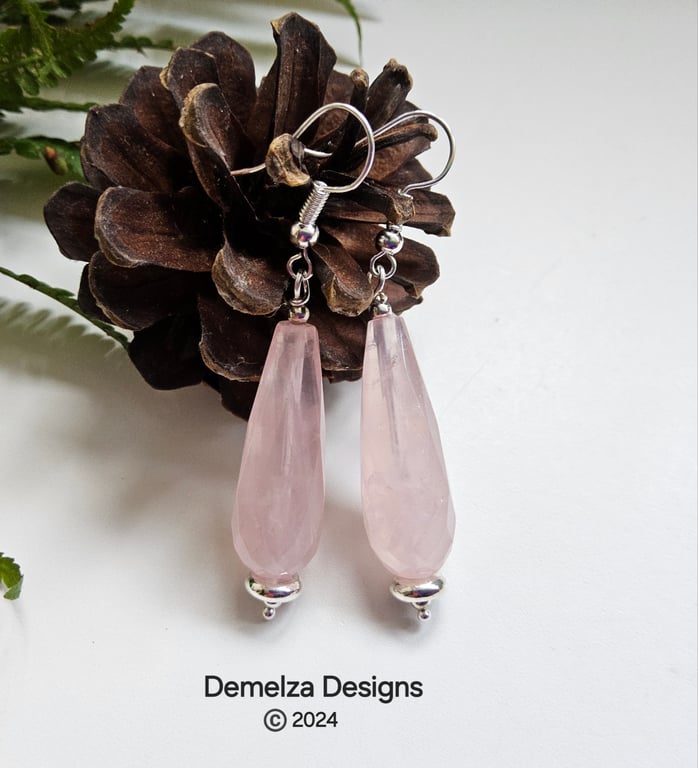 Designer Natural Faceted Rose Quartz AAA Grade Tear Drop Earrings 