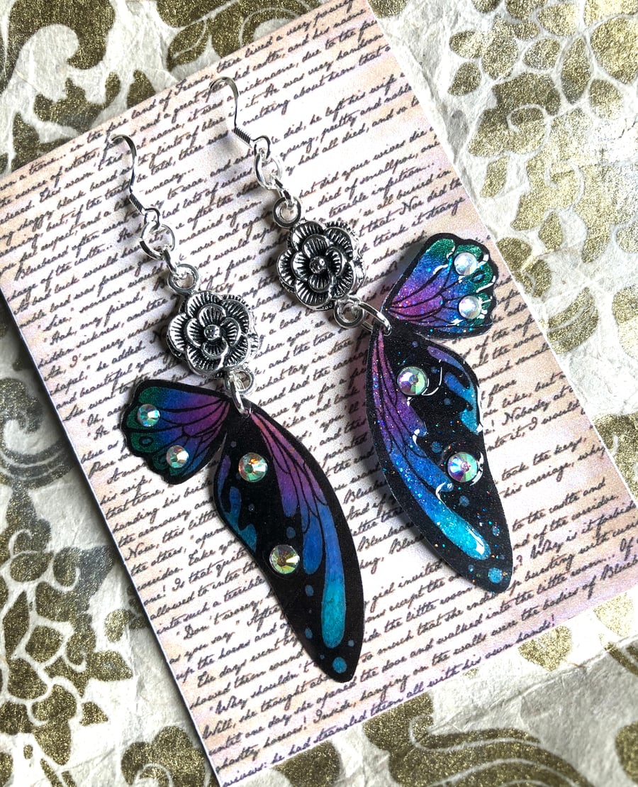 Flower Fairy Wing Sterling Silver Earrings Blue Purple Green Black