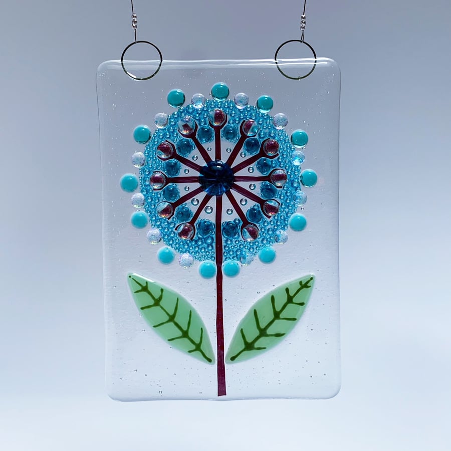Fused Glass Single Turquoise Allium Hanging - Handmade Glass Suncatcher