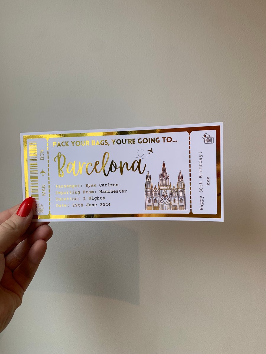 Barcelona Boarding Pass, Any Personalised Holiday Foil Gift Ticket Voucher
