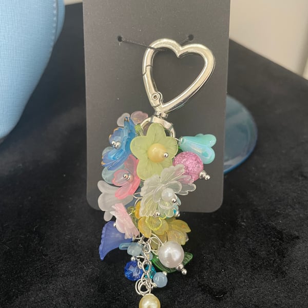 Pretty floral handbag heart charm keyring, holiday accessories 