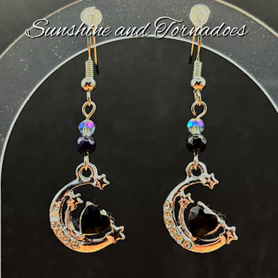 Moon and Stars drop earrings with Faceted Glass and Obsidian beads. 
