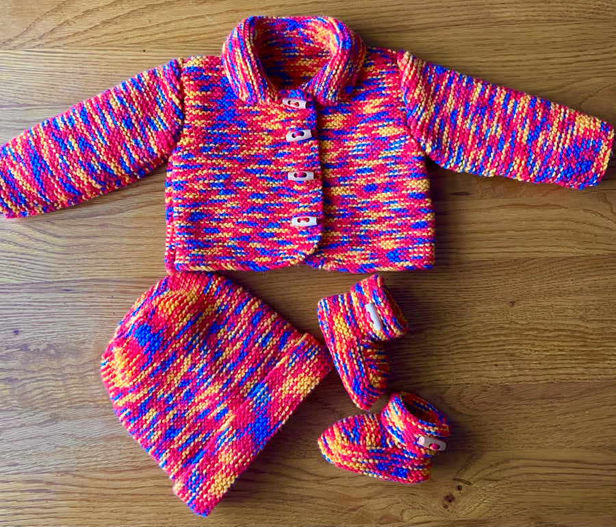 Hand Knitted Gender neutral Three Piece Pram Set in vibrant primary colours 