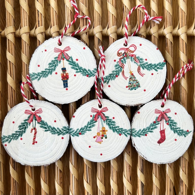 Wooden Christmas decorations - set of 5 decoupage ornaments - tree decorations