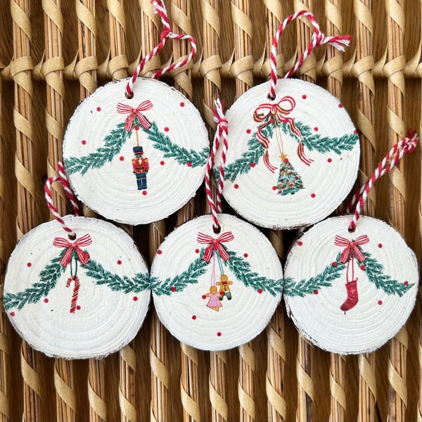 Wooden Christmas decorations - set of 5 decoupage ornaments - tree decorations