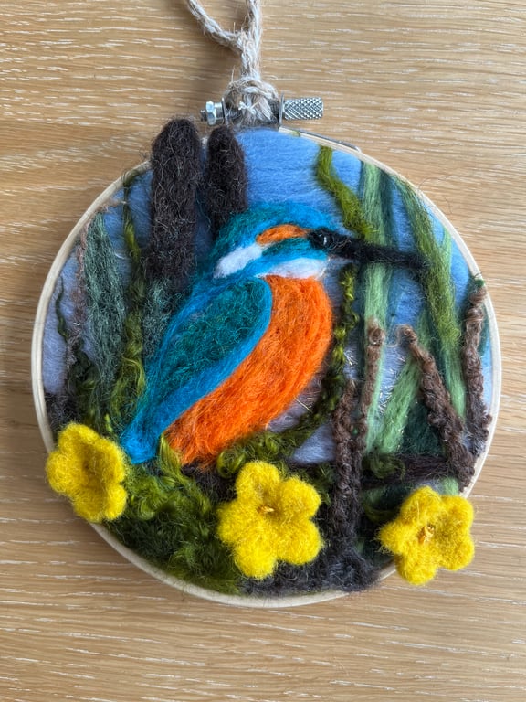 Needle felted kingfisher wall art picture.