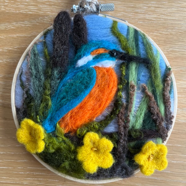 Needle felted kingfisher wall art picture.