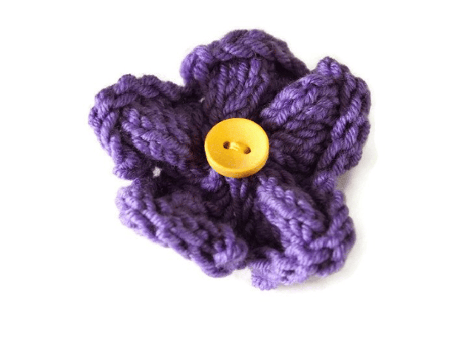 SALE - Hand knitted flower brooch pin - purple and yellow