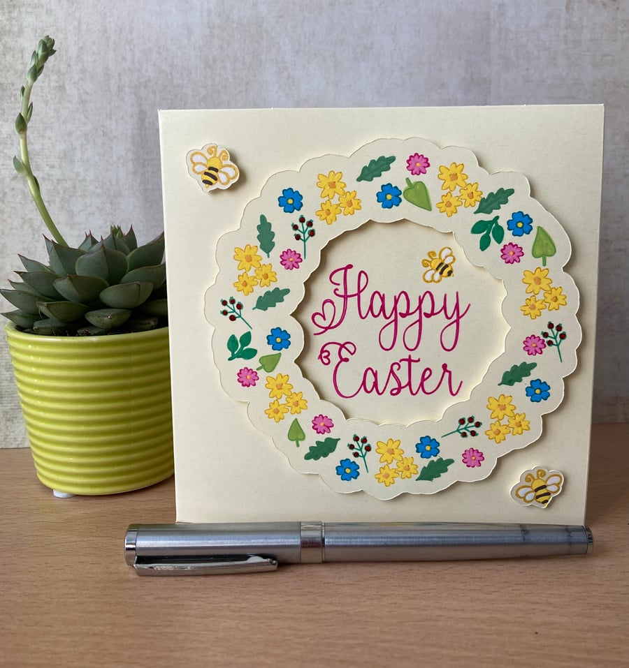 Easter Card - hand painted, original design with flowers and bees.