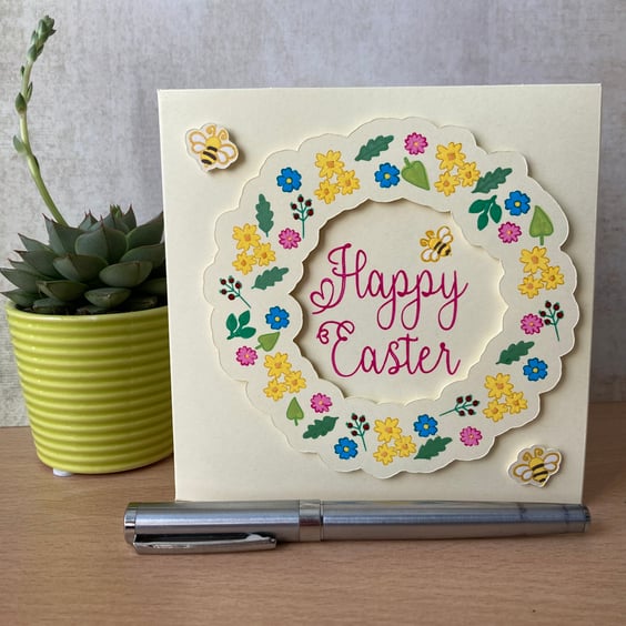 Easter Card - hand painted, original design with flowers and bees.