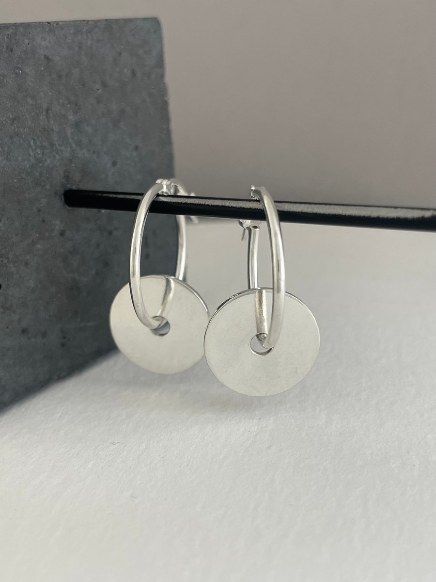 Sterling Silver Round Disc Bead Hoop Earrings 