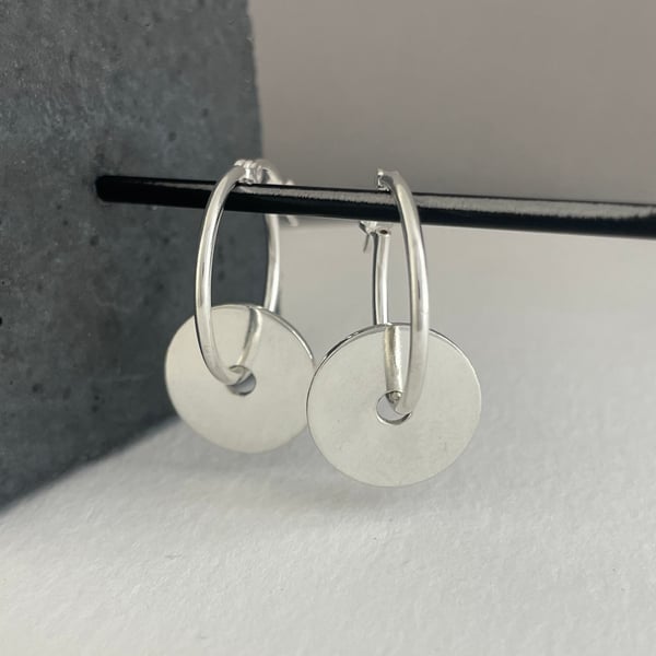 Sterling Silver Round Disc Bead Hoop Earrings 