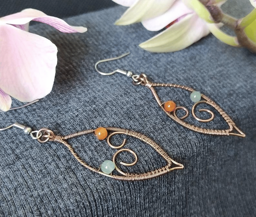 Leaf Shaped Oxidised Copper Wire Wrapped Earrings with Aventurine