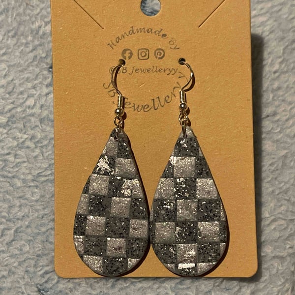 Handmade Polymer Clay Grey Checkered Earrings (Clip On’s Available)