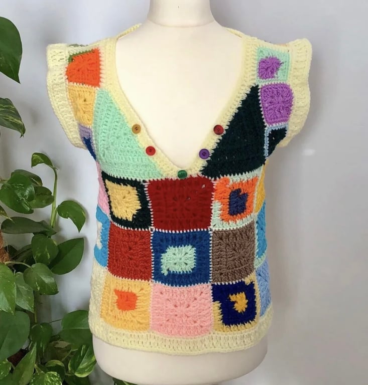 Handmade crochet unisex vest. Size S or M. Multicoloured. Display Buttons.