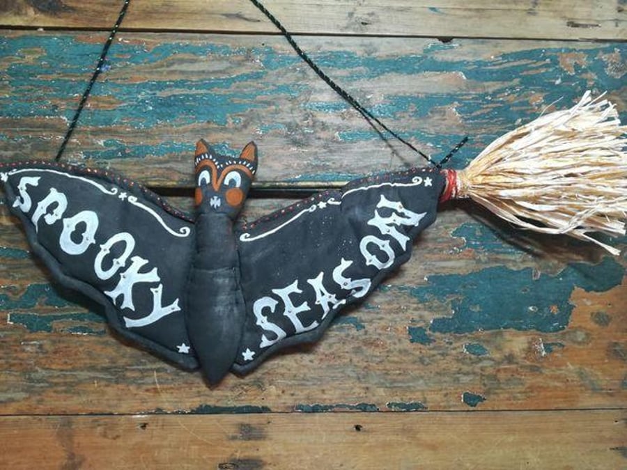 Bat wall hanging, textile art bat wall piece, Halloween decoration, broom