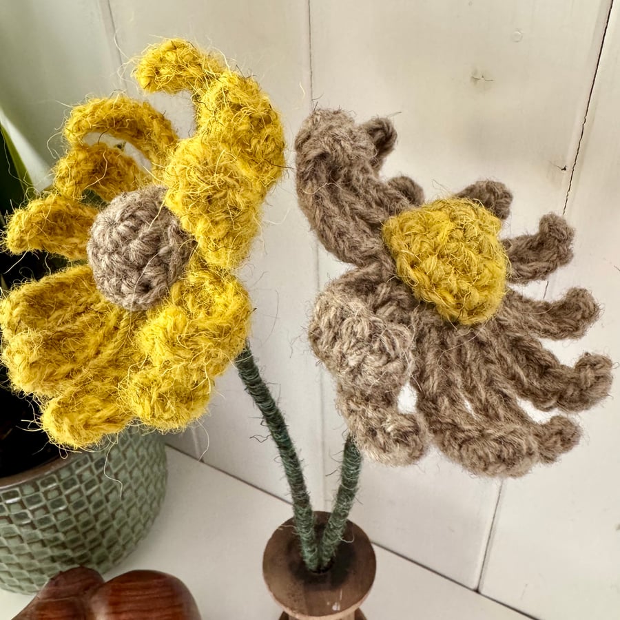 Wool, crochet natural fibre daisies. Two daisies mounted in a wooden spool 