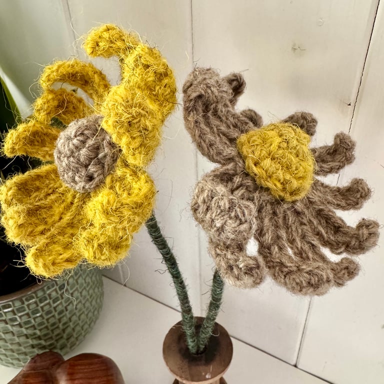 Wool, crochet natural fibre daisies. Two daisies mounted in a wooden spool 