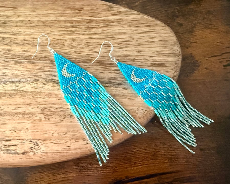 Handmade mermaids tail beaded fringe earrings