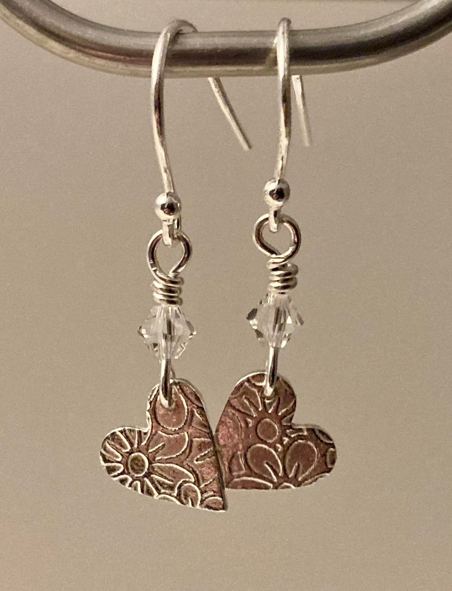 Pure silver heart earrings with clear Swarovski crystal beads. 
