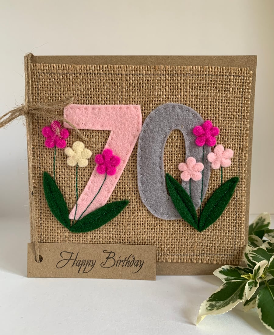 Handmade 70th Birthday Card. Keepsake Card. Textile Card.