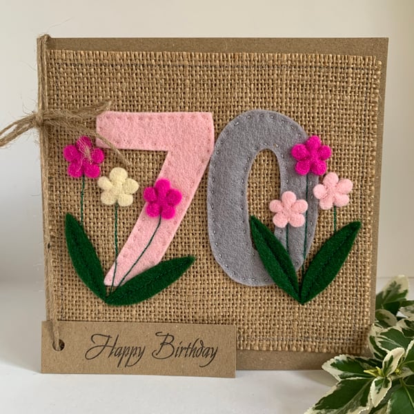 Handmade 70th Birthday Card. Keepsake Card. Textile Card.