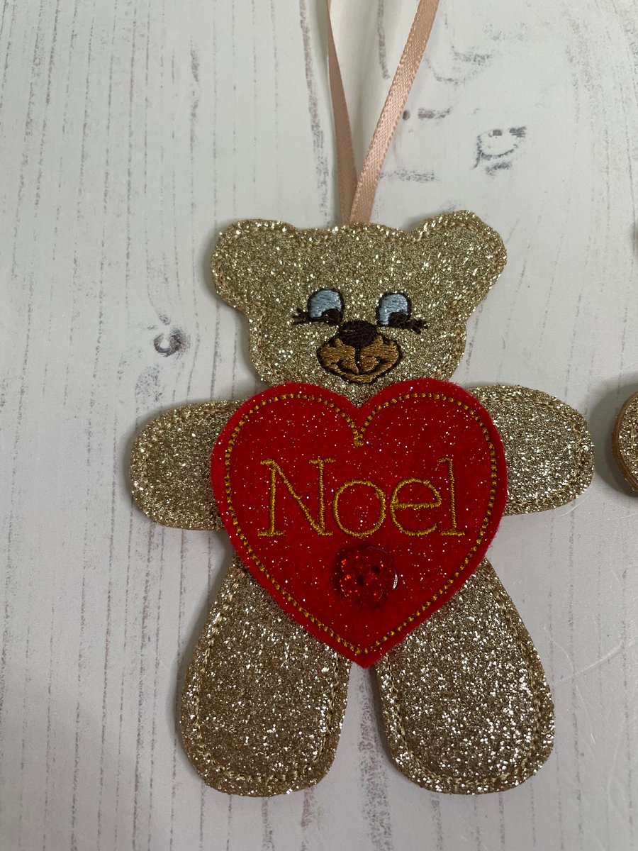 Hanging Christmas Ornament - Gold Glitter Teddy and ‘Noel’ Heart - PB9