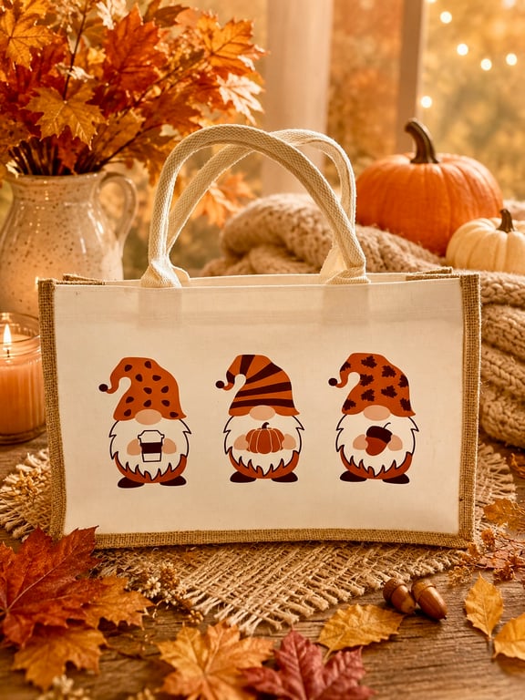 Autumn Gnome Jute Tote Bag Handmade Reusable Shopping Bag