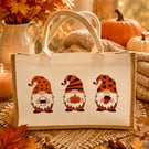 Autumn Gnome Jute Tote Bag Handmade Reusable Shopping Bag