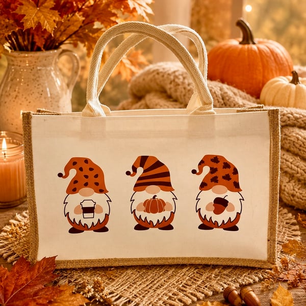 Autumn Gnome Jute Tote Bag Handmade Reusable Shopping Bag