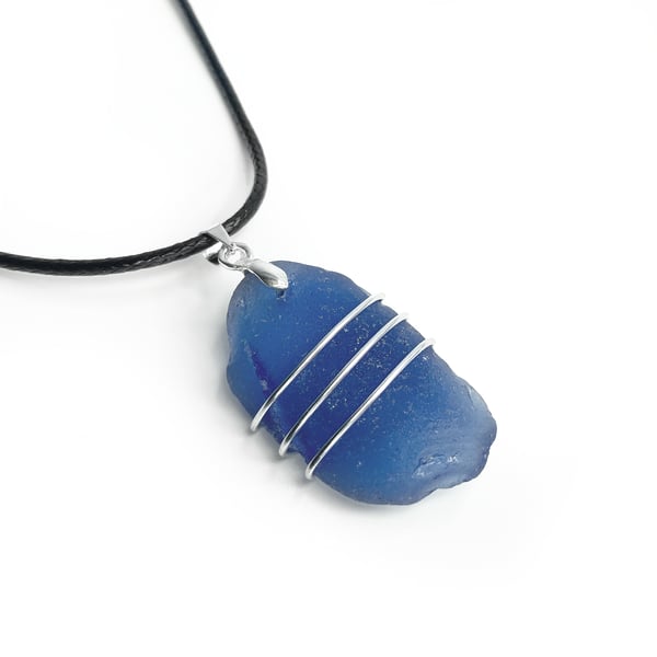 Blue Sea Glass Pendant - Men's or Unisex Handmade Beach Necklace Jewellery