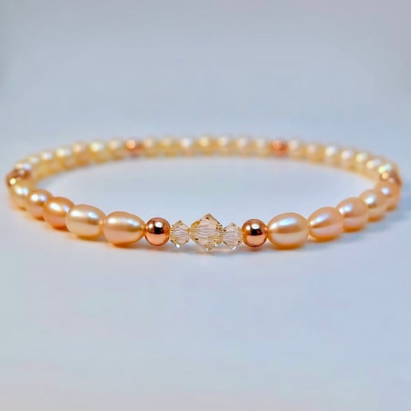 Freshwater Pearl Bracelet With Swarovski Crystals And Copper - Handmade In Devon