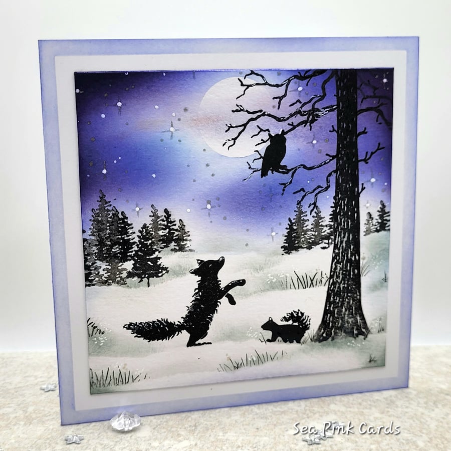 Christmas Card -  Blank - Birthday - Winter Scene Card, Fox, Squirrel and Owl