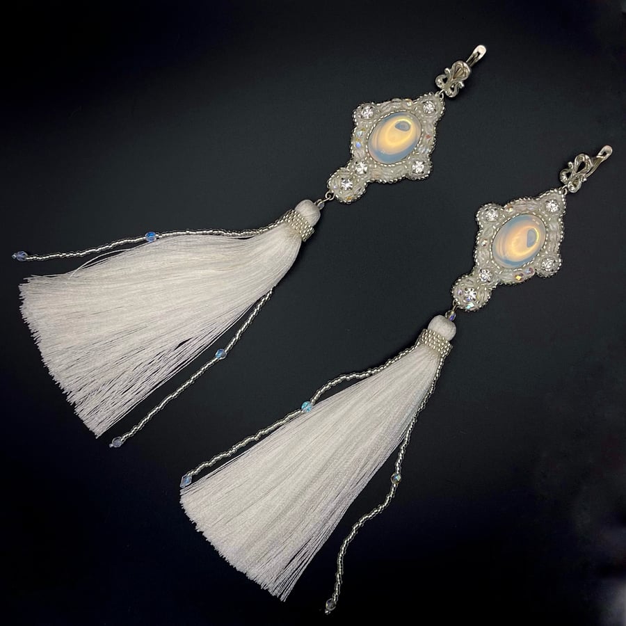 White wedding style long earrings with tassels, hand embroidered “Moonlight”