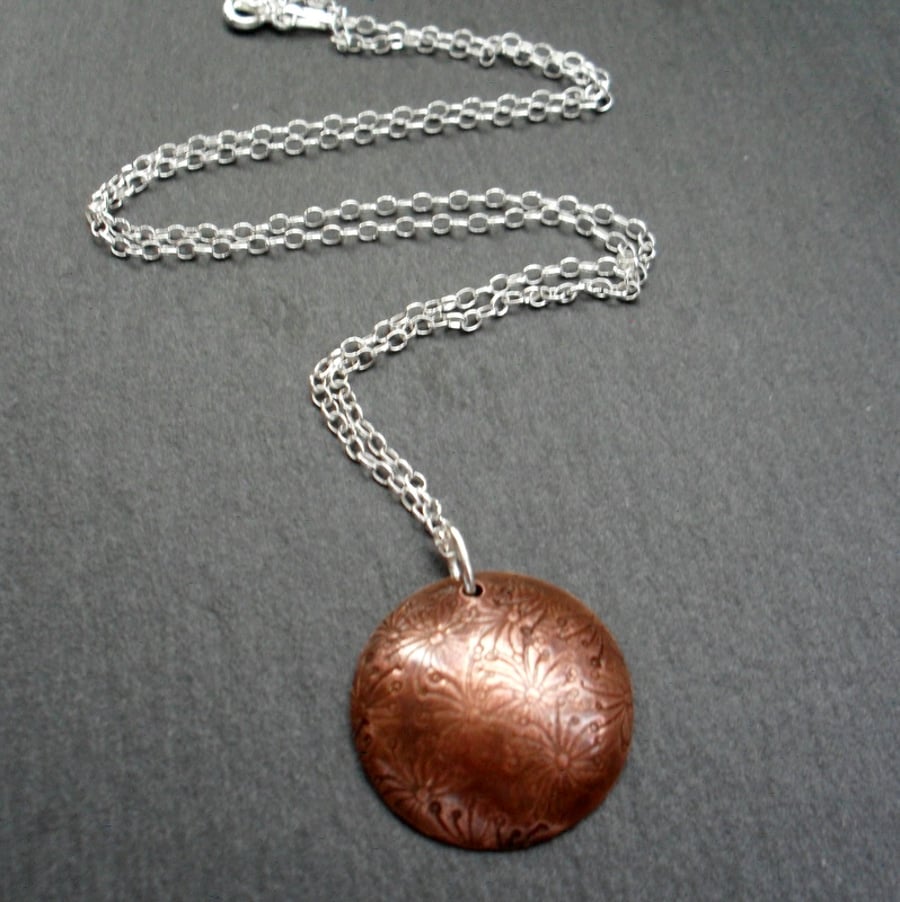 Dandelion Copper Disc Pendant With Sterling Silver Chain Vintage Style